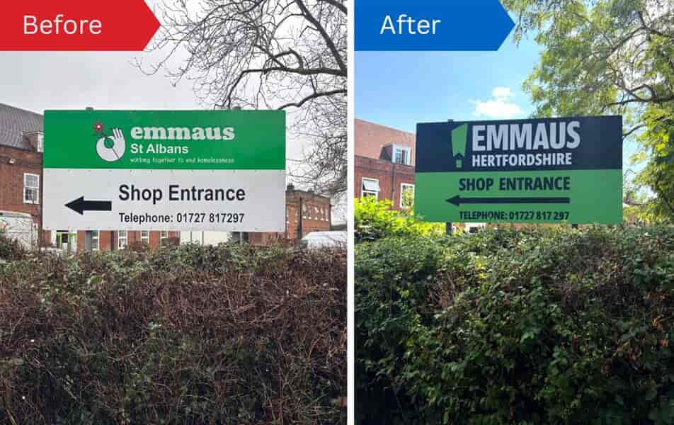 A collage of the outdoor wayfinding signage for Emmaus before and after FASTSIGNS re-did their signage.